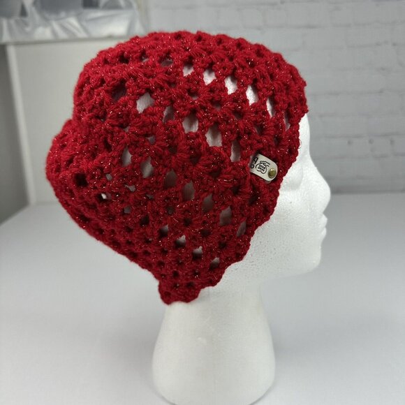 Handmade New Lacy Cloch Big Twist Twinkle in Metallic‎ Red Knit Beanie - S/M - Picture 1 of 11